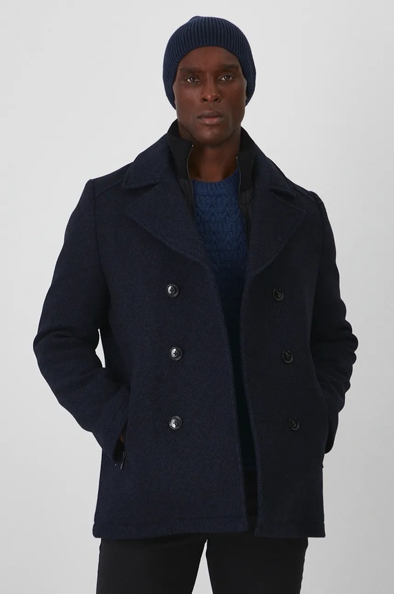 Płaszcz z wełną męski melanżowy kolor granatowy granatowy RW24-KPM700