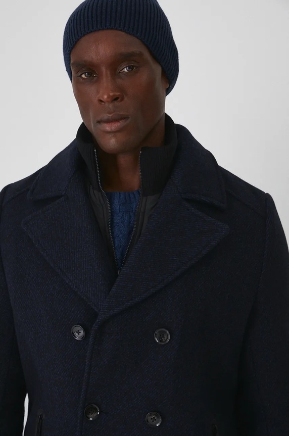 Płaszcz z wełną męski melanżowy kolor granatowy RW24-KPM700 granatowy