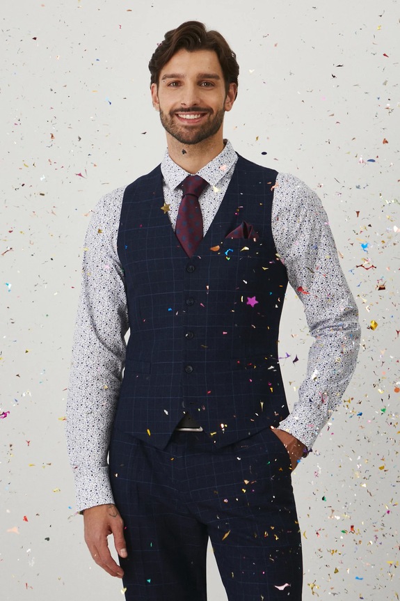 Kamizelka męska slim w kratę kolor granatowy tkanina granatowy RW24-KZMB17