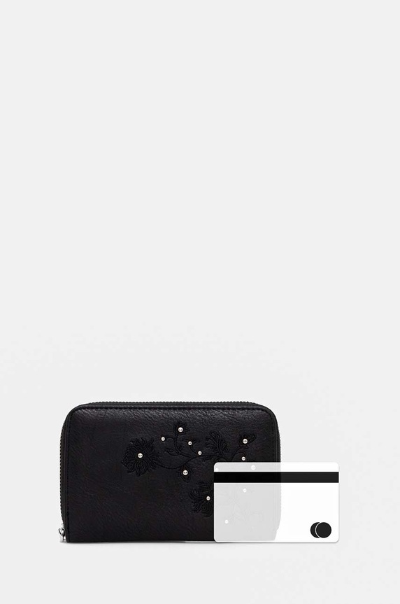 Portfel damski z imitacji skóry z aplikacją kolor czarny czarny RW24-PFD301