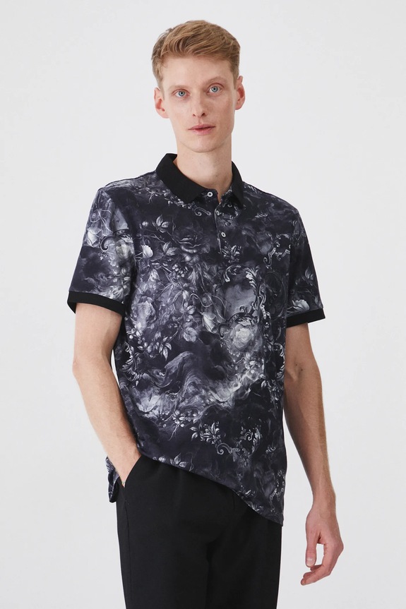 Polo bawełniane męskie z elastanem wzorzyste kolor czarny z elastanem czarny RW24-POMB01