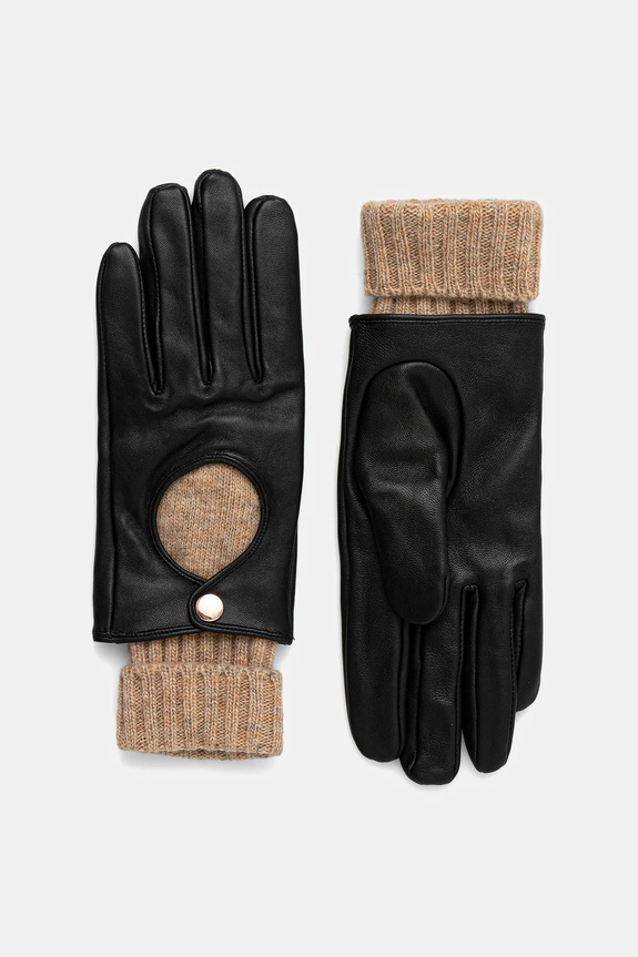 Rękawiczki skórzane damskie z domieszką wełny kolor czarny skóra licowa czarny RW24-RED700