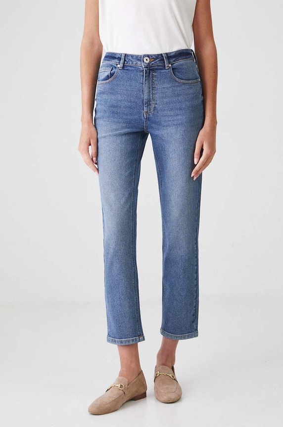 Jeansy damskie mom fit z efektem sprania kolor niebieski niebieski RW24-SJD040