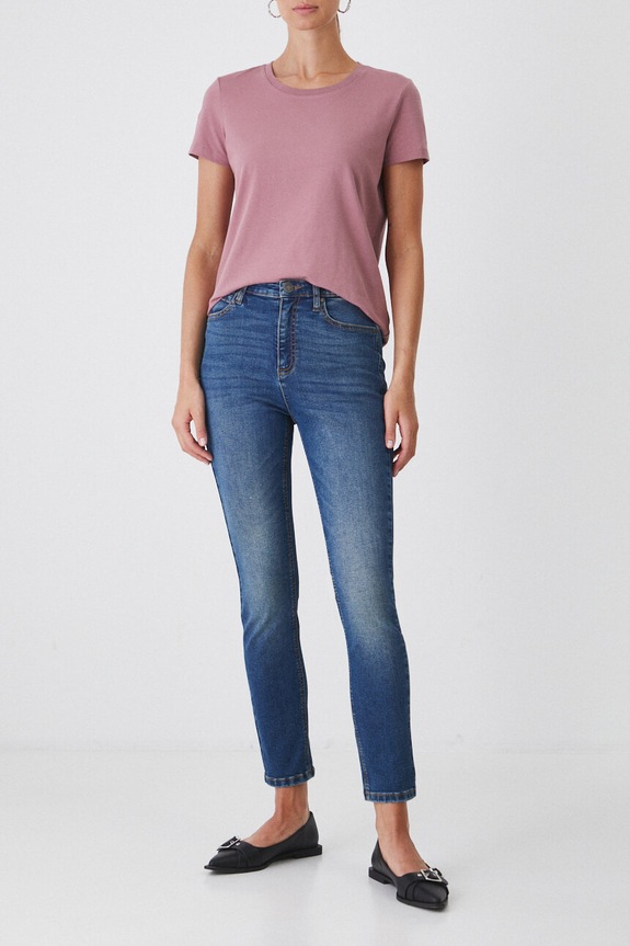 Jeansy damskie slim z efektem sprania kolor granatowy Basic granatowy RW24-SJD050