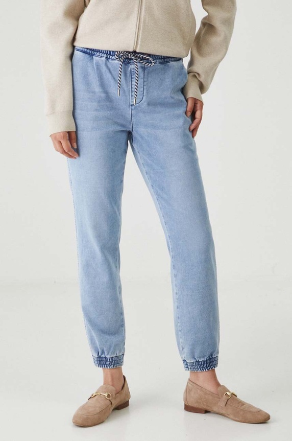 Jeansy damskie jogger z efektem sprania kolor niebieski niebieski RW24-SJD301