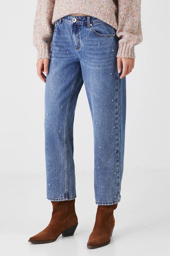 Jeansy bawełniane damskie straight z ozdobną aplikacją kolor niebieski niebieski RW24-SJD801