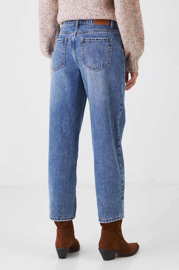 Odzież Jeansy bawełniane damskie straight z ozdobną aplikacją kolor niebieski RW24-SJD801 niebieski