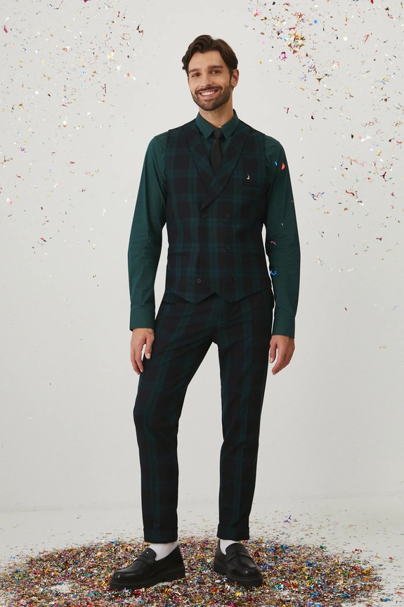 Spodnie męskie slim w kratę kolor zielony z elastanem zielony RW24-SPMB18