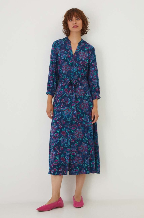 Sukienka damska midi z paskiem wzorzysta kolor granatowy RW24-SUD030 granatowy RW24