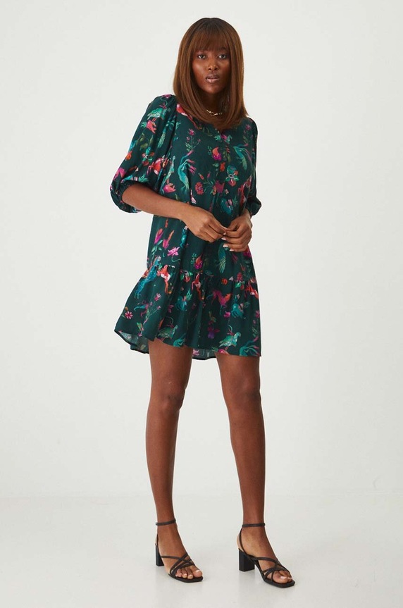 Sukienka damska mini wzorzysta kolor zielony rozkloszowany turkusowy RW24-SUD101