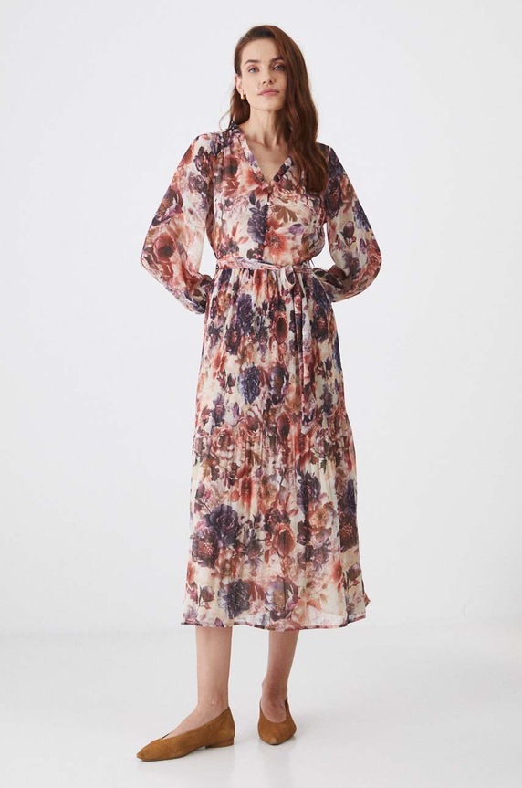 Šaty midi, s páskem a vzorem béžová barva RW24-SUD400 béžová RW24