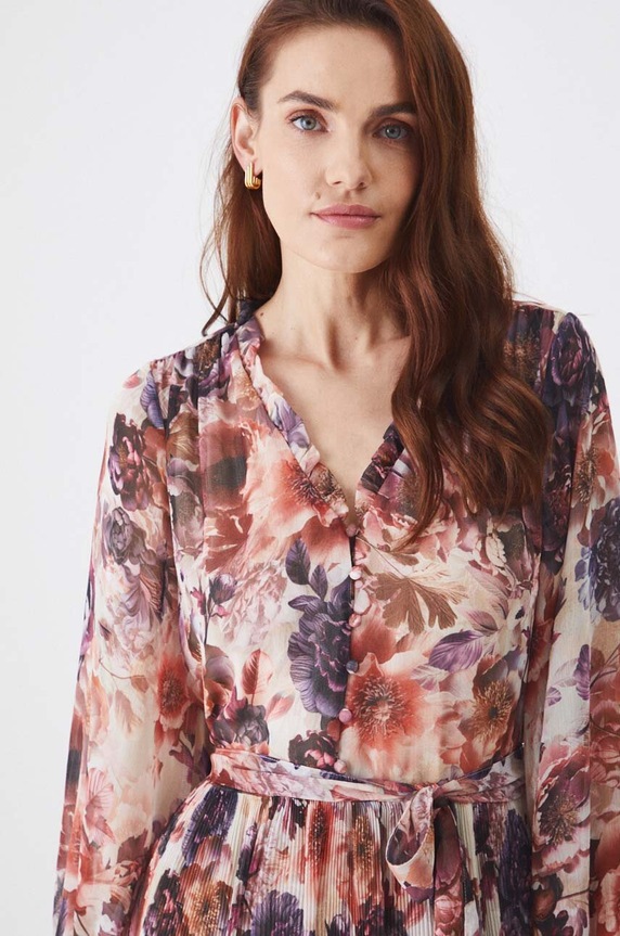 Šaty midi, s páskem a vzorem béžová barva RW24-SUD400 béžová