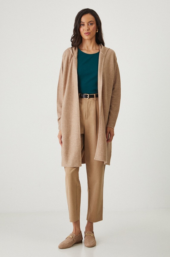 Kardigan damski prążkowany z kapturem kolor beżowy pozostałe beżowy RW24-SWD021