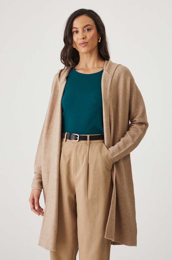 Kardigan damski prążkowany z kapturem kolor beżowy RW24-SWD021 beżowy RW24