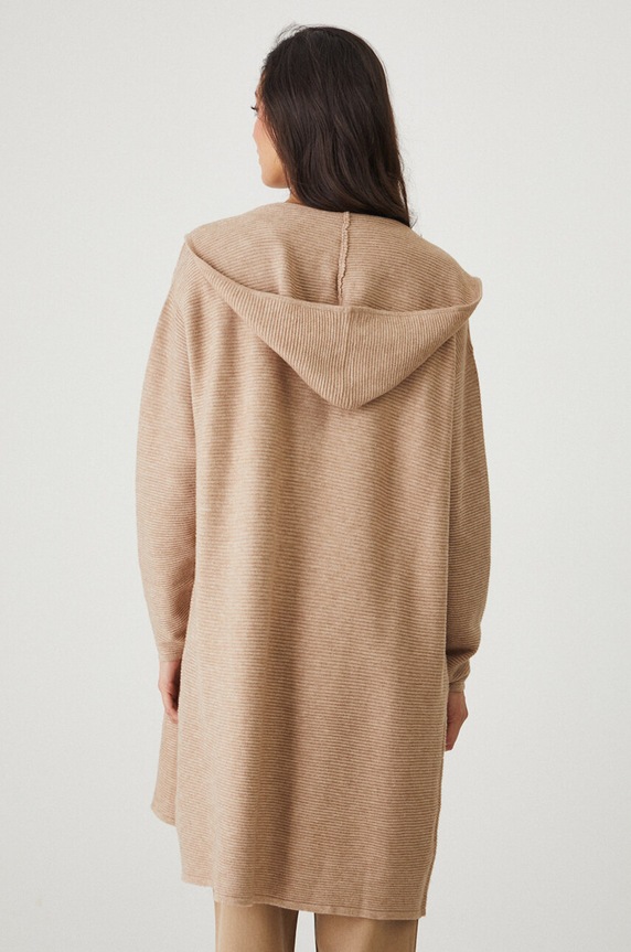 Odzież Kardigan damski prążkowany z kapturem kolor beżowy RW24-SWD021 beżowy