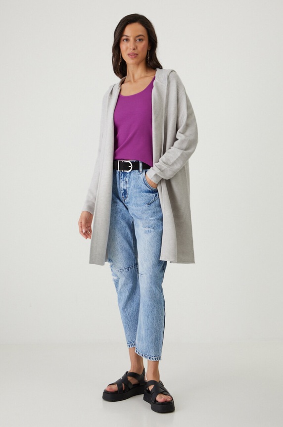 Kardigan damski prążkowany z kapturem kolor szary RW24-SWD021 szary RW24