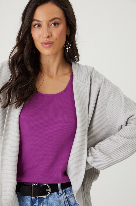 Kardigan damski prążkowany z kapturem kolor szary szary RW24-SWD021