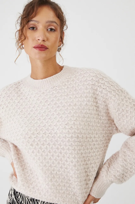 Sweter z domieszką wełny damski z fakturą kolor beżowy melanż beżowy RW24-SWD084