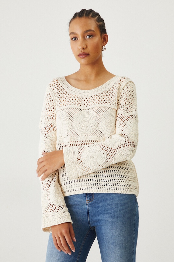 Sweter bawełniany damski ażurowy kolor beżowy bawełna beżowy RW24.SWD200