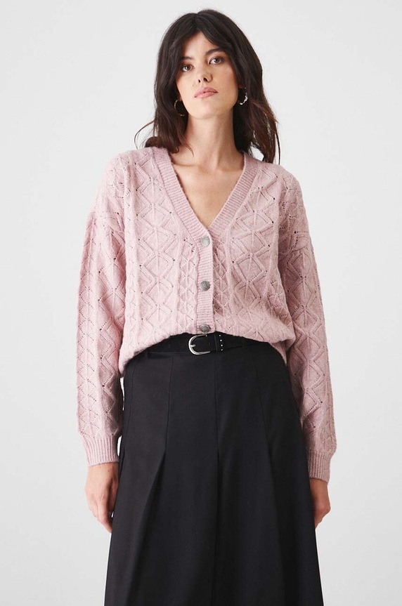 Kardigan damski ażurowy kolor różowy pozostałe różowy RW24-SWD409