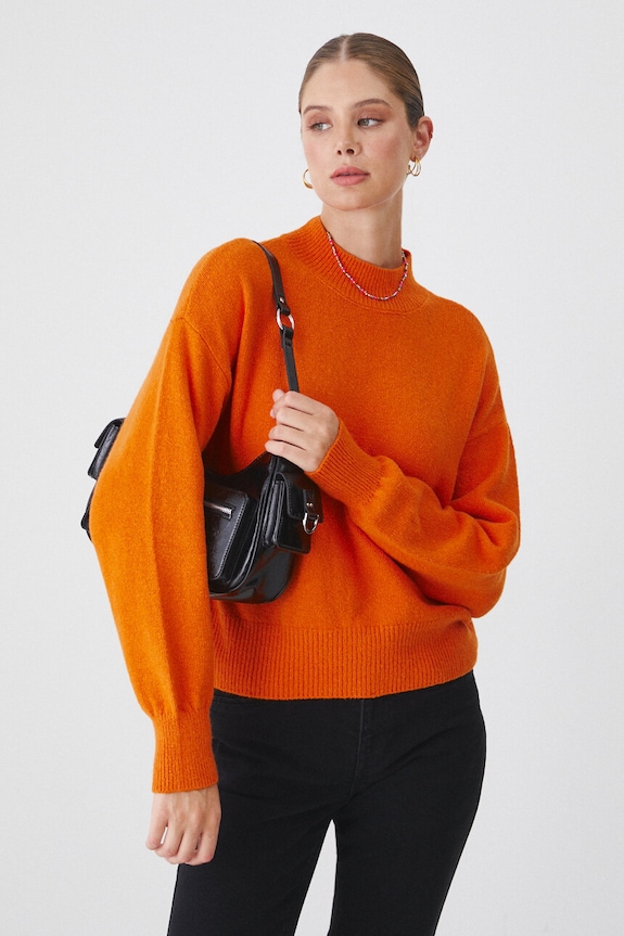 Sweter z domieszką wełny damski kolor pomarańczowy pomarańczowy RW24-SWD605