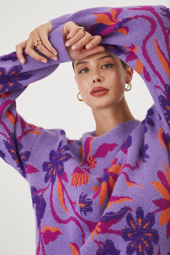 Sweter damski żakardowy wzorzysty kolor fioletowy pozostałe fioletowy RW24-SWD609