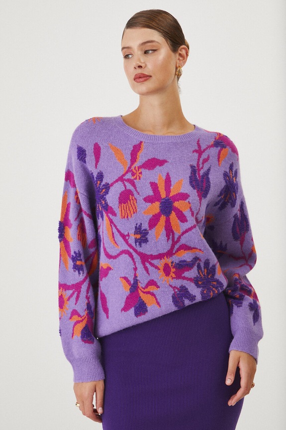 Sweter damski żakardowy wzorzysty kolor fioletowy fioletowy RW24-SWD609