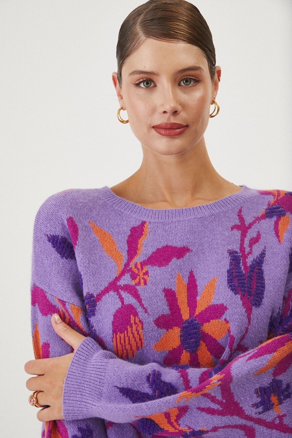 Sweter damski żakardowy wzorzysty kolor fioletowy RW24-SWD609 fioletowy