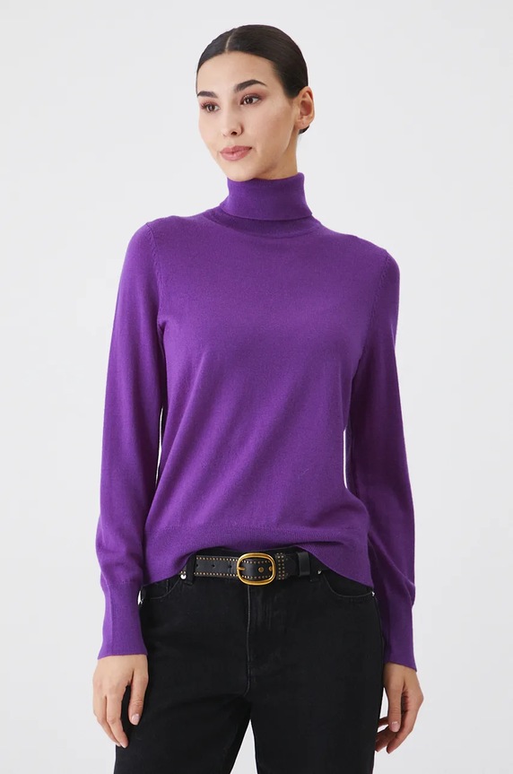 Sweter z wełny merino damski gładki kolor fioletowy cienka fioletowy RW24-SWD809