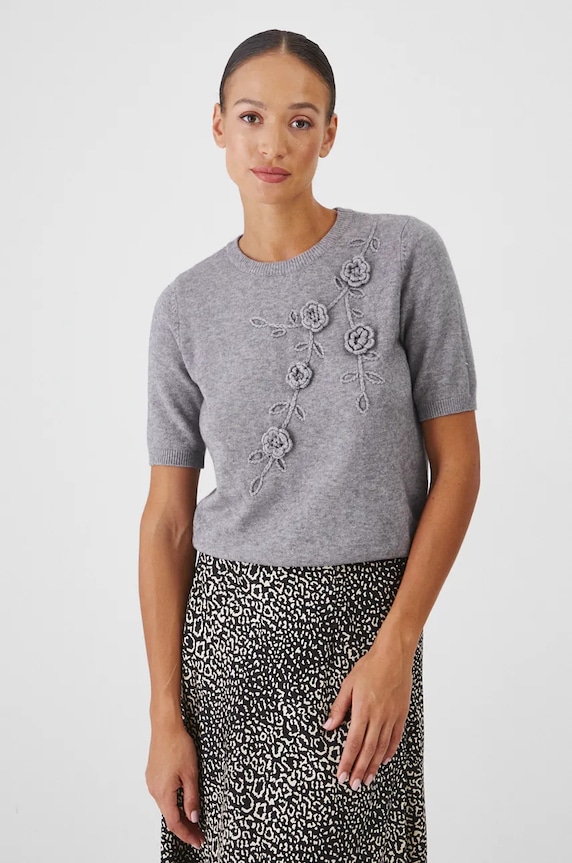 Sweter damski z ozdobną aplikacją kolor szary szary RW24-SWDA70