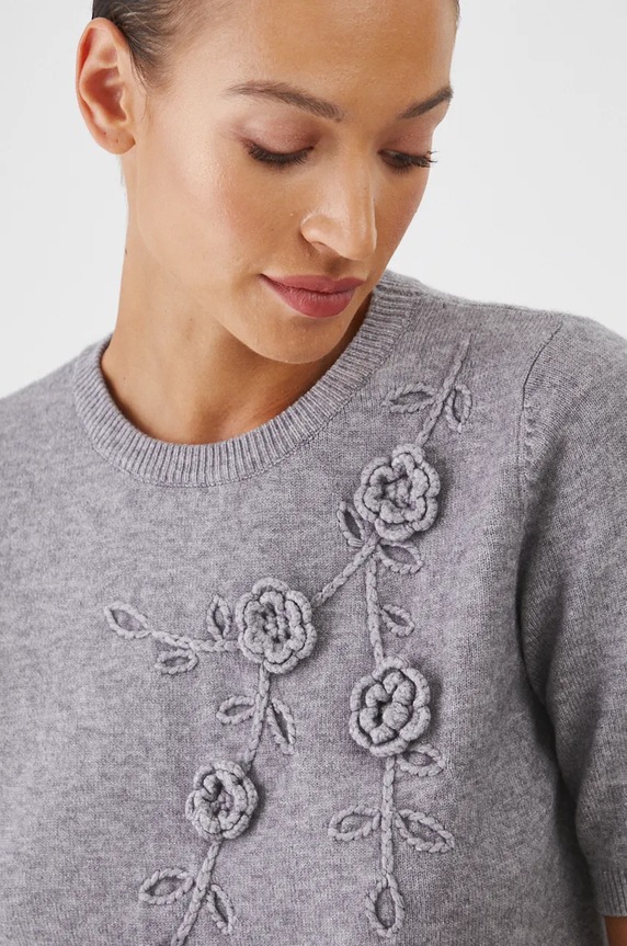 Sweter damski z ozdobną aplikacją kolor szary RW24-SWDA70 szary