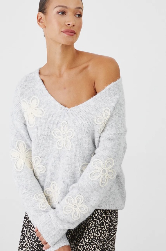 Sweter z domieszką wełny damski z ozdobną aplikacją kolor szary szary RW24-SWDA73