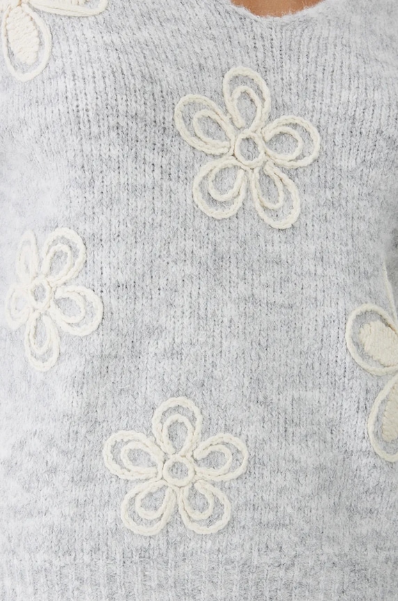 Sweter z domieszką wełny damski z ozdobną aplikacją kolor szary RW24-SWDA73 szary