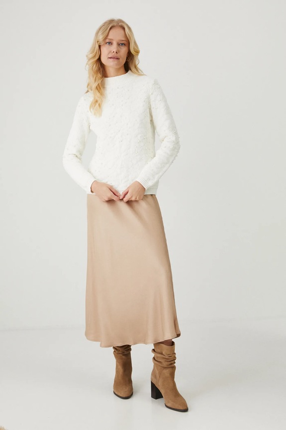 Sweter bawełniany damski z aplikacją kolor beżowy RW24-SWDB00 beżowy RW24