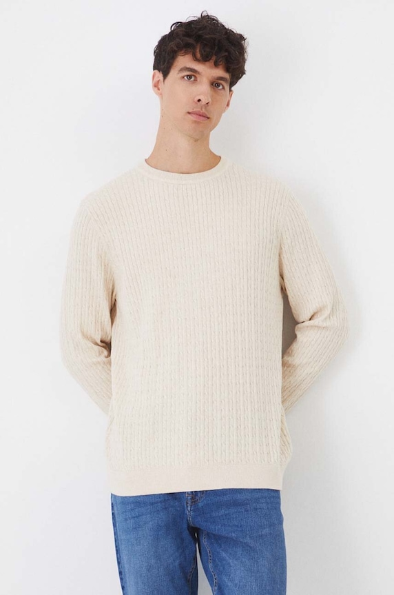 Sweter z domieszką wełny męski z warkoczowym splotem kolor beżowy gładkie beżowy RW24-SWM040