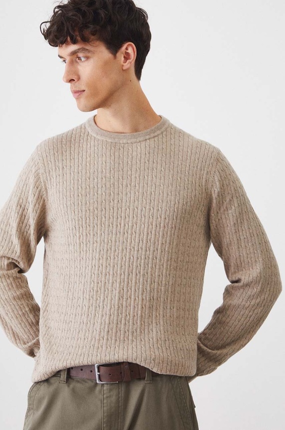 Sweter z domieszką wełny męski z warkoczowym splotem kolor beżowy RW24-SWM040 beżowy