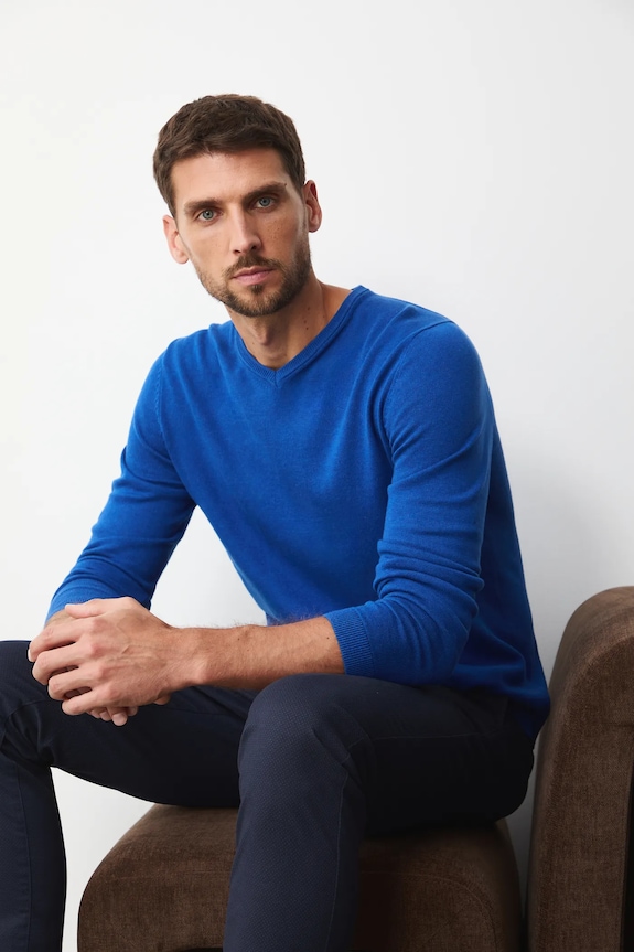 Sweter bawełniany męski kolor niebieski melanż niebieski RW24-SWM090