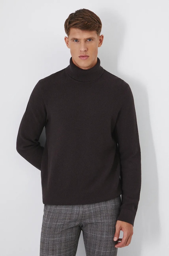 Sweter bawełniany męski z golfem kolor brązowy brązowy RW24-SWM091