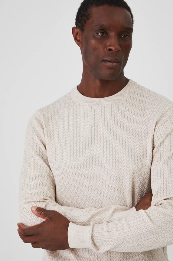 Sweter męski z wiskozą z fakturą kolor beżowy melanż beżowy RW24-SWM801