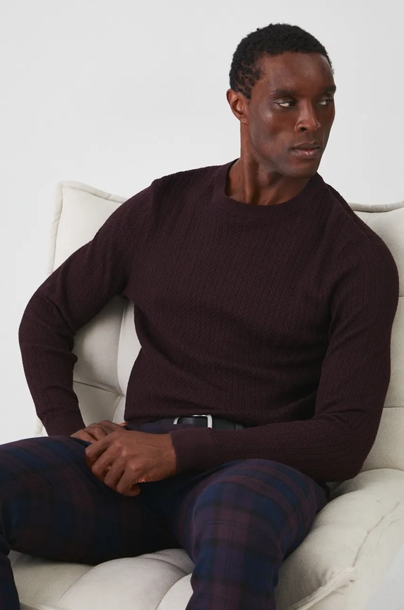Sweter męski z wiskozą z fakturą kolor bordowy gładkie bordowy RW24-SWM801