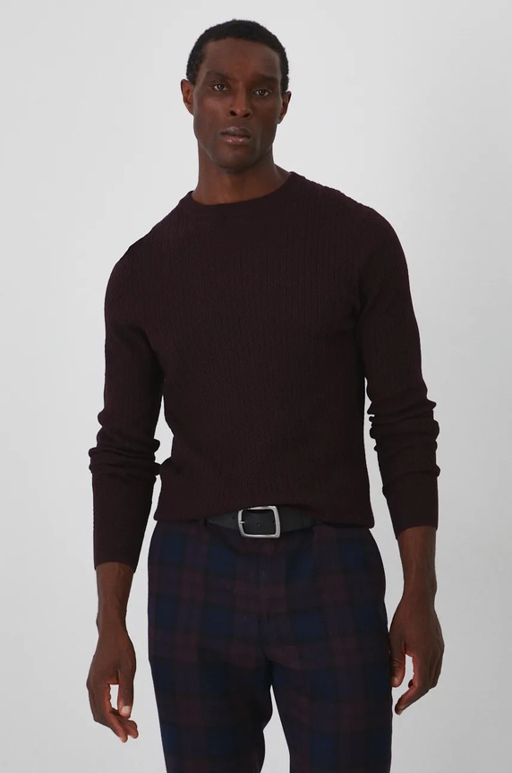 Sweter męski z wiskozą z fakturą kolor bordowy bordowy RW24-SWM801