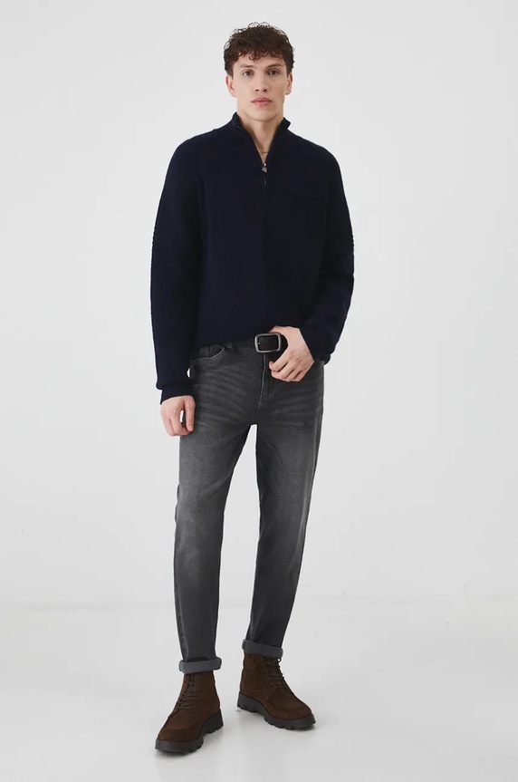 Sweter z domieszką wełny męski z fakturą kolor granatowy RW24-SWM807 granatowy RW24