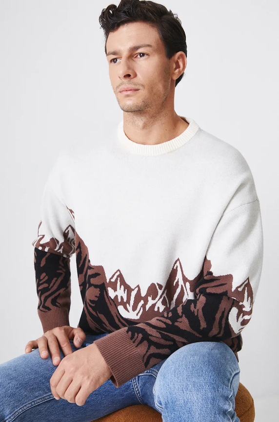 Sweter męski wzorzysty kolor beżowy średniej grubości beżowy RW24-SWM901