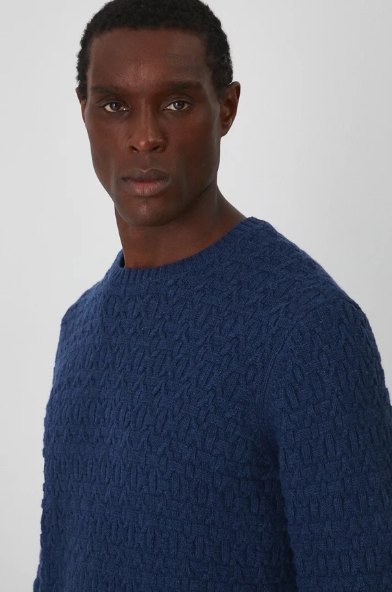 Sweter z domieszką wełny męski z fakturą kolor niebieski niebieski RW24-SWMA13