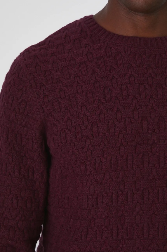 Sweter z domieszką wełny męski z fakturą kolor bordowy RW24-SWMA13