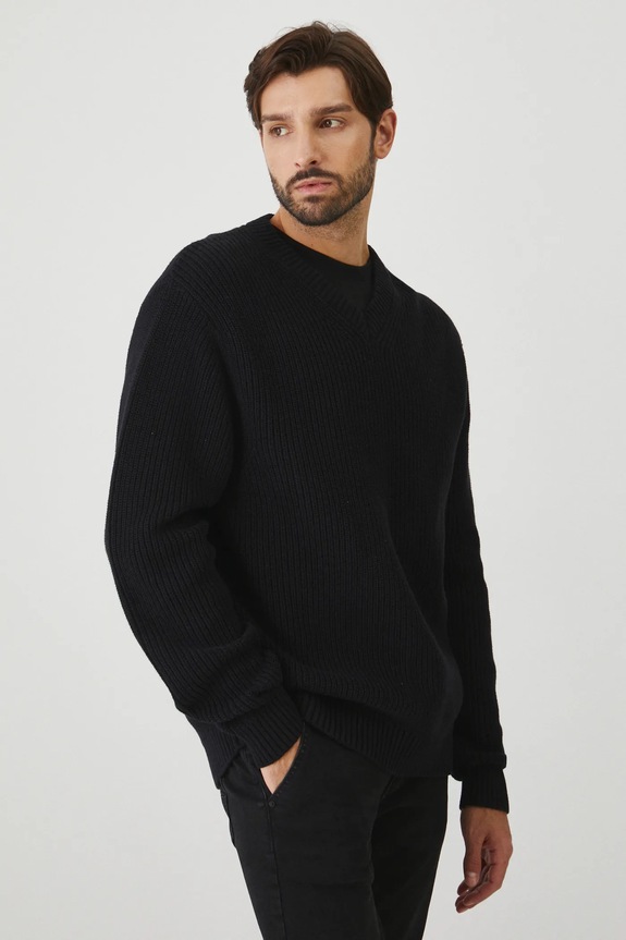 Sweter bawełniany męski prążkowany kolor czarny czarny RW24-SWMB15
