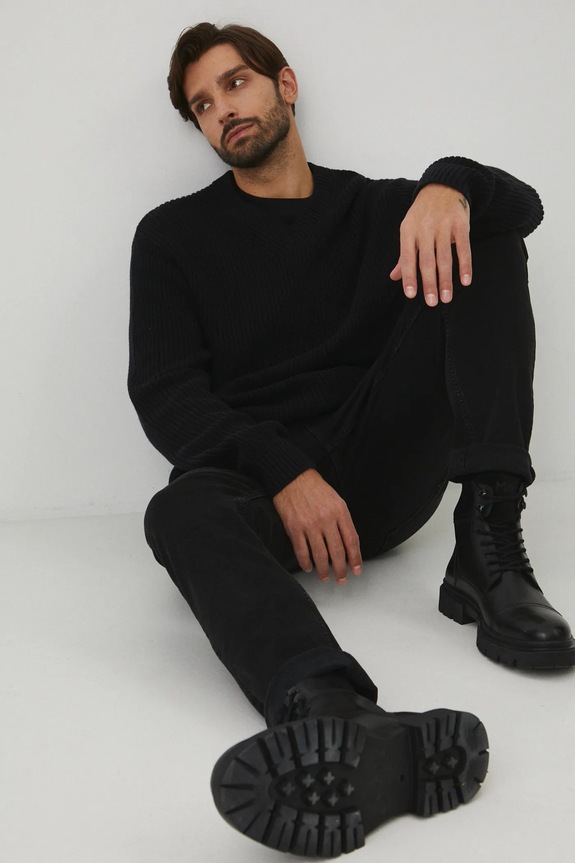 Sweter bawełniany męski prążkowany kolor czarny RW24-SWMB15
