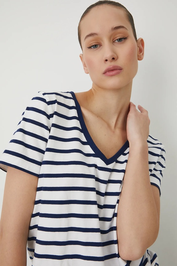 T-shirt bawełniany damski z elastanem w pasy kolor biały szpic biały RW24-TSD043