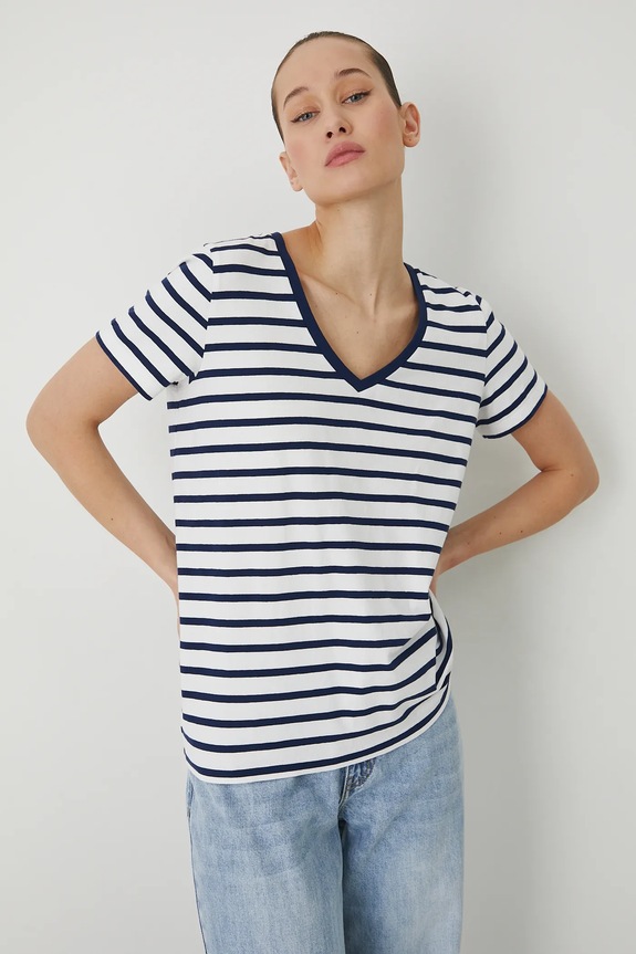 T-shirt bawełniany damski z elastanem w pasy kolor biały biały RW24-TSD043