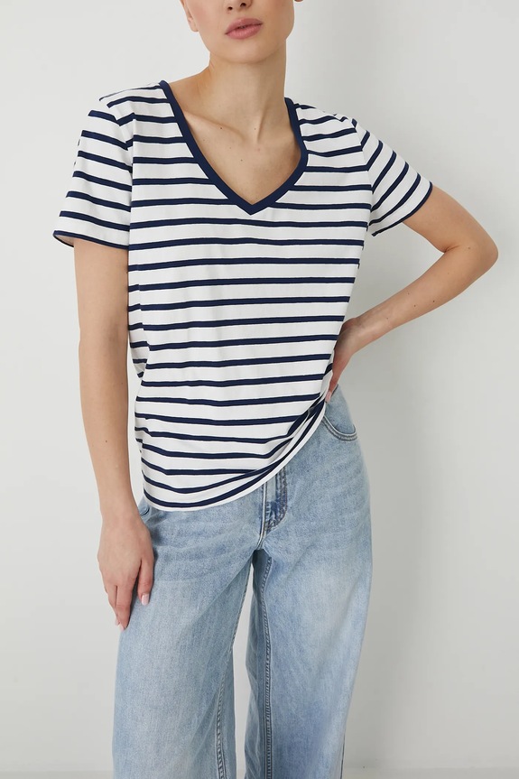 T-shirt bawełniany damski z elastanem w pasy kolor biały RW24-TSD043 biały